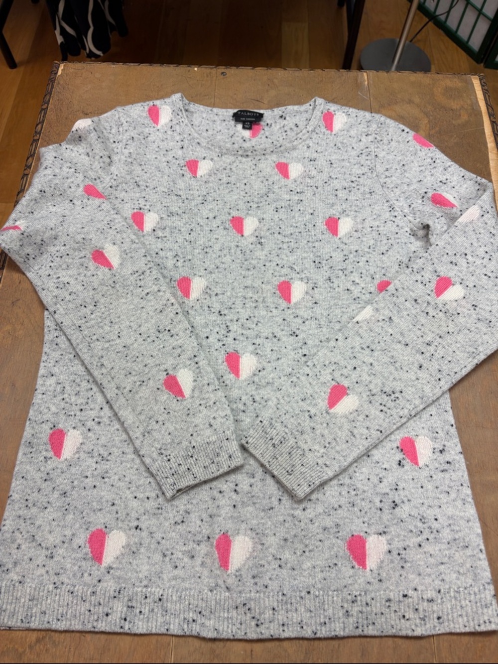 Talbots Speckled Grey Pullover with Pink and Cream Heart Motif